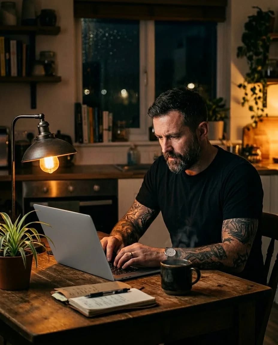 Builder working on a laptop at home with warm amber lighting